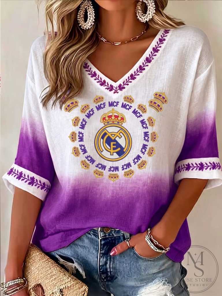 Real Madrid Football Club Emblem Purple Ombre V-Neck T-Shirt