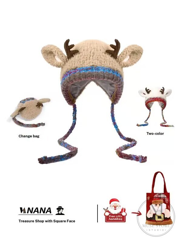 Festive Christmas Reindeer Antler Earflap Knit Beanie Hat