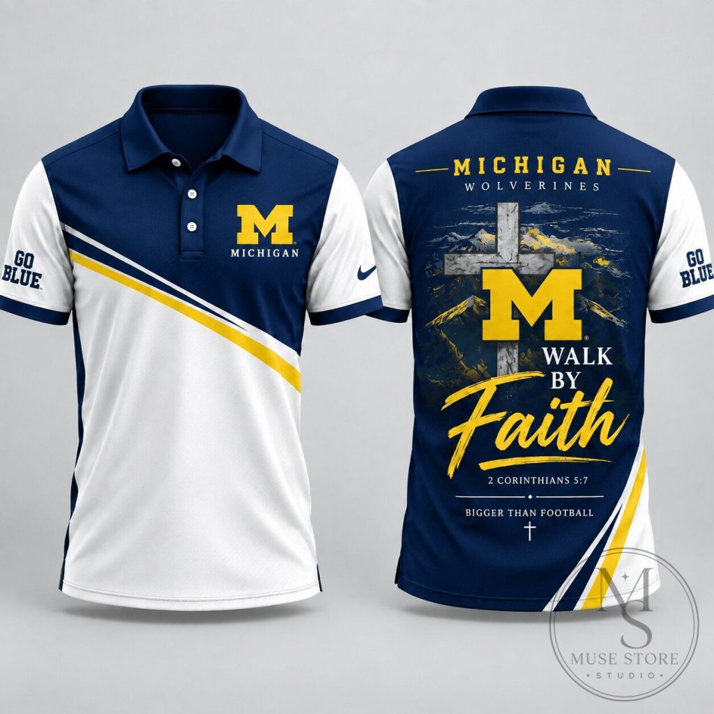 Michigan Wolverines Walk By Faith NCAA Football Fan Polo Shirt Michigan Wolverines Walk By Faith NCAA Football Fan Polo Shirt