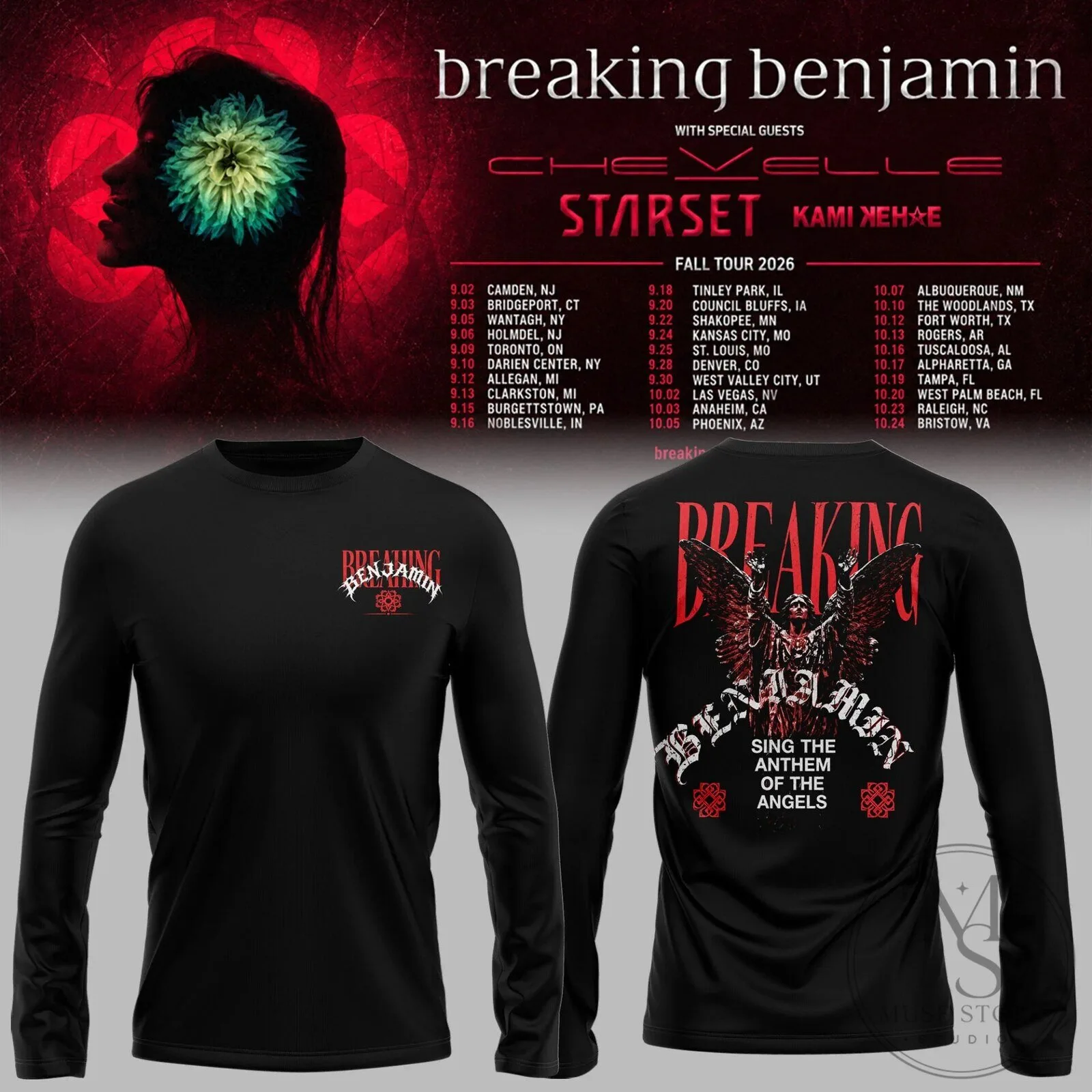 Breaking Benjamin 2026 Fall Tour Long Sleeve Shirt with Concert Schedule Design