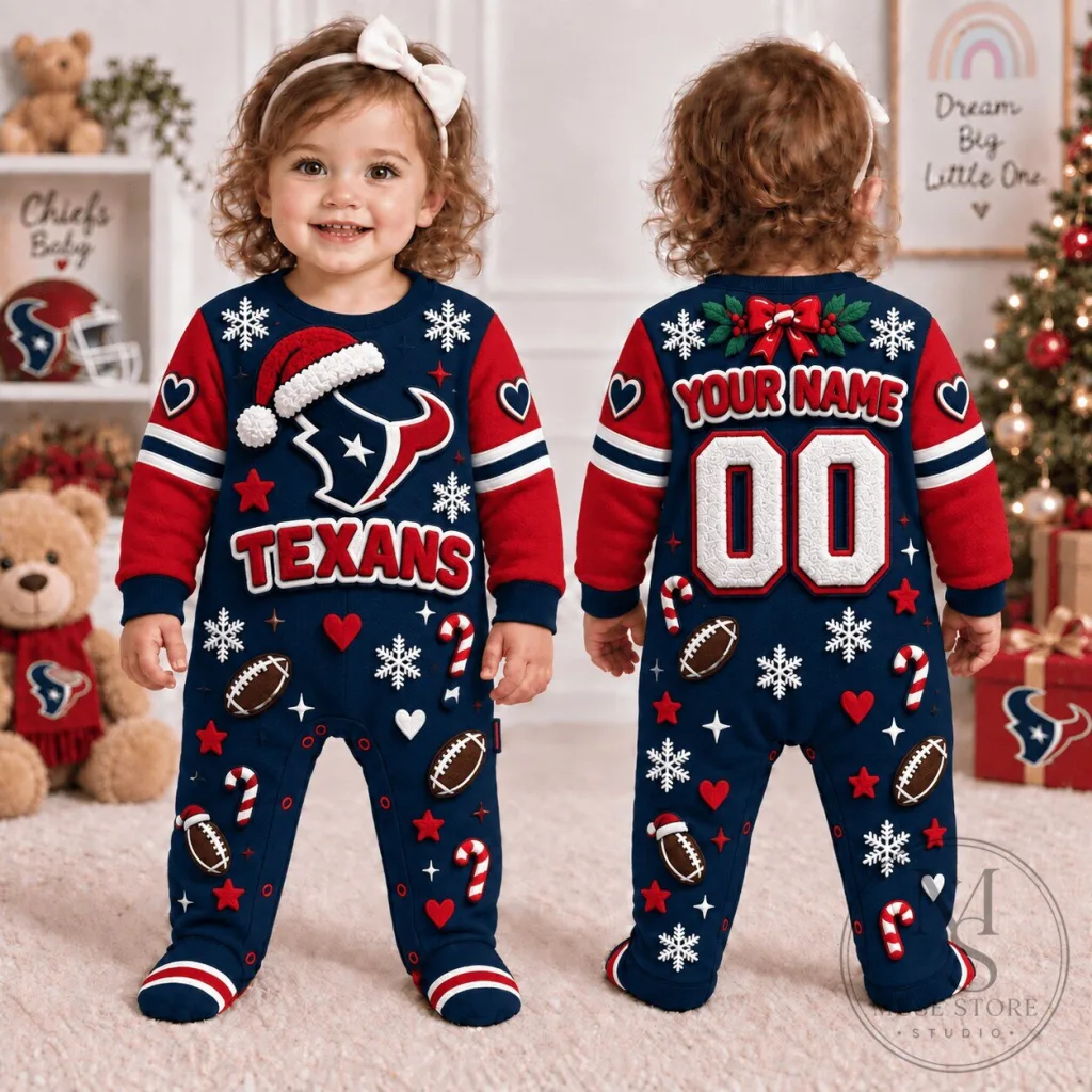 Houston Texans Christmas Baby Footed Pajamas Custom Name Number Houston Texans Christmas Baby Footed Pajamas Custom Name Number