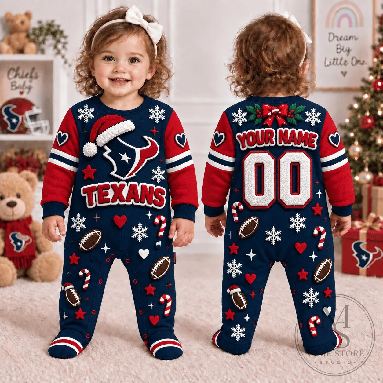 Houston Texans Christmas Baby Footed Pajamas Custom Name Number