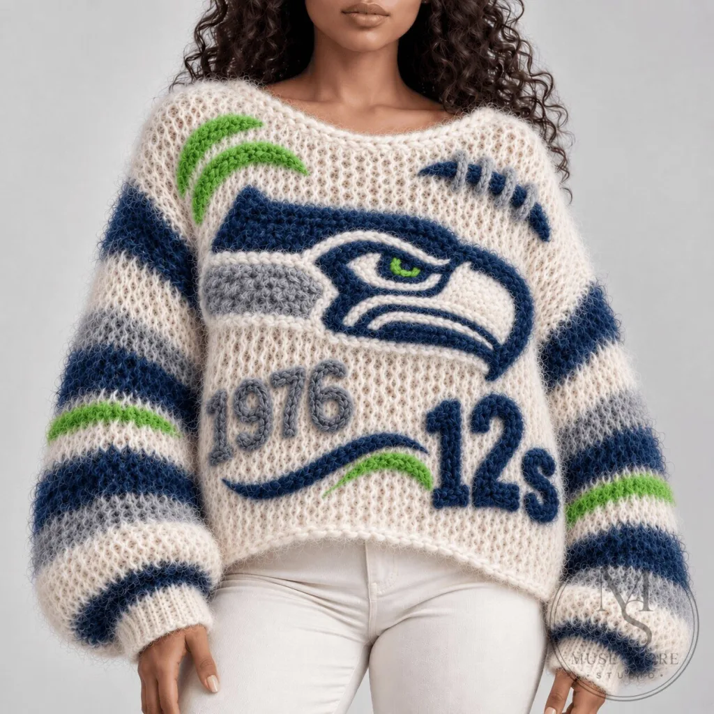 Seattle Seahawks Women's Open Knit Sweater with Team Logo and 12s Number Seattle Seahawks Women's Open Knit Sweater with Team Logo and 12s Number
