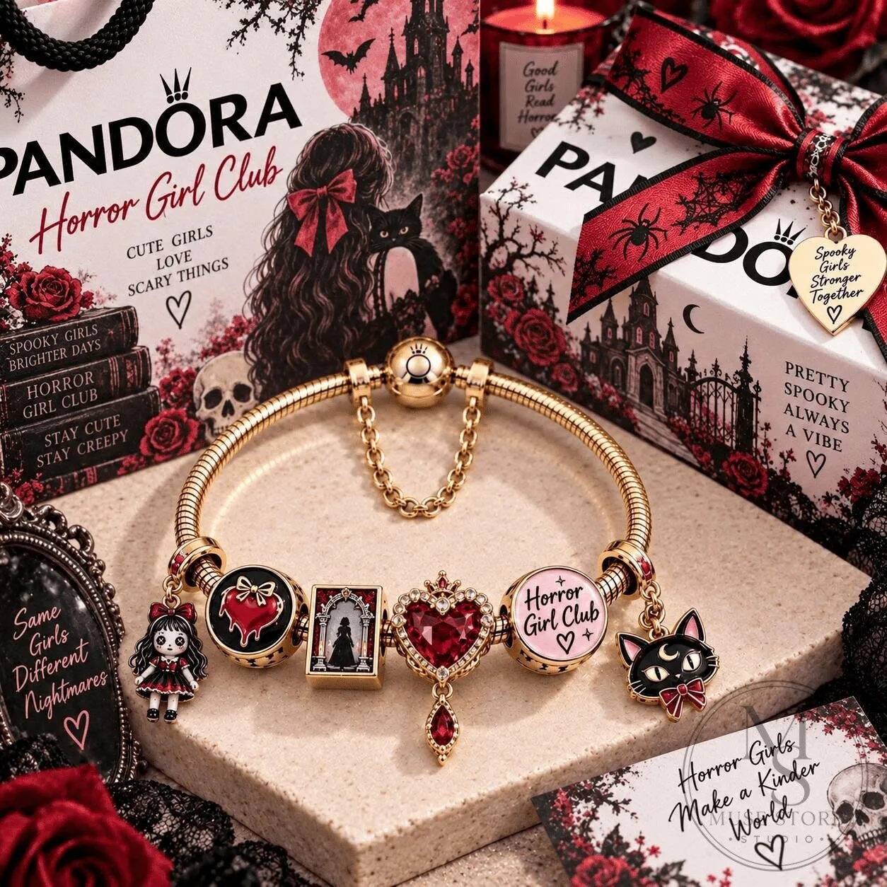 Pandora Horror Girl Club Gold Charm Bracelet Set with Spooky Charms