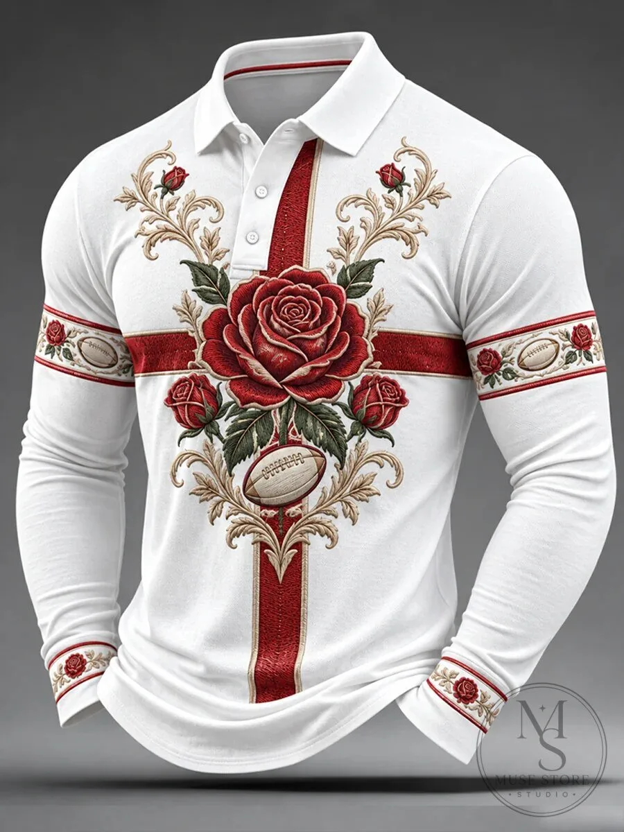 Men’s Long Sleeve Polo Shirt featuring the England Rugby Rose Emblem 1 Men’s Long Sleeve Polo Shirt featuring the England Rugby Rose Emblem