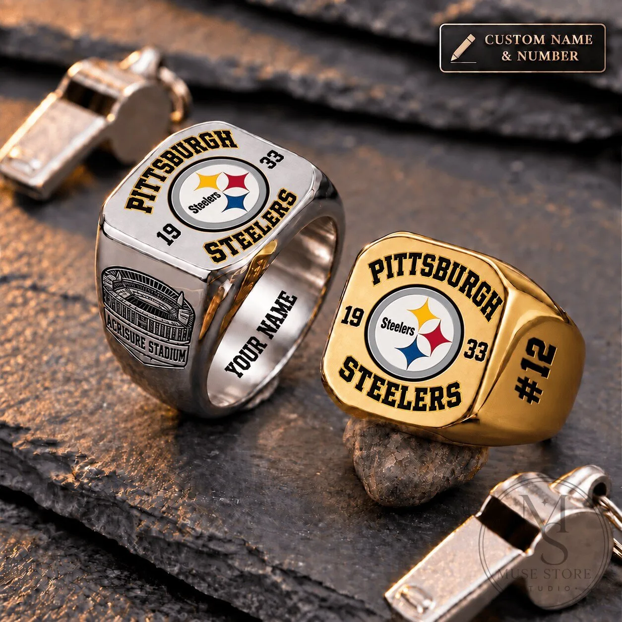 Pittsburgh Steelers NFL Custom Name And Number Football Fan Ring