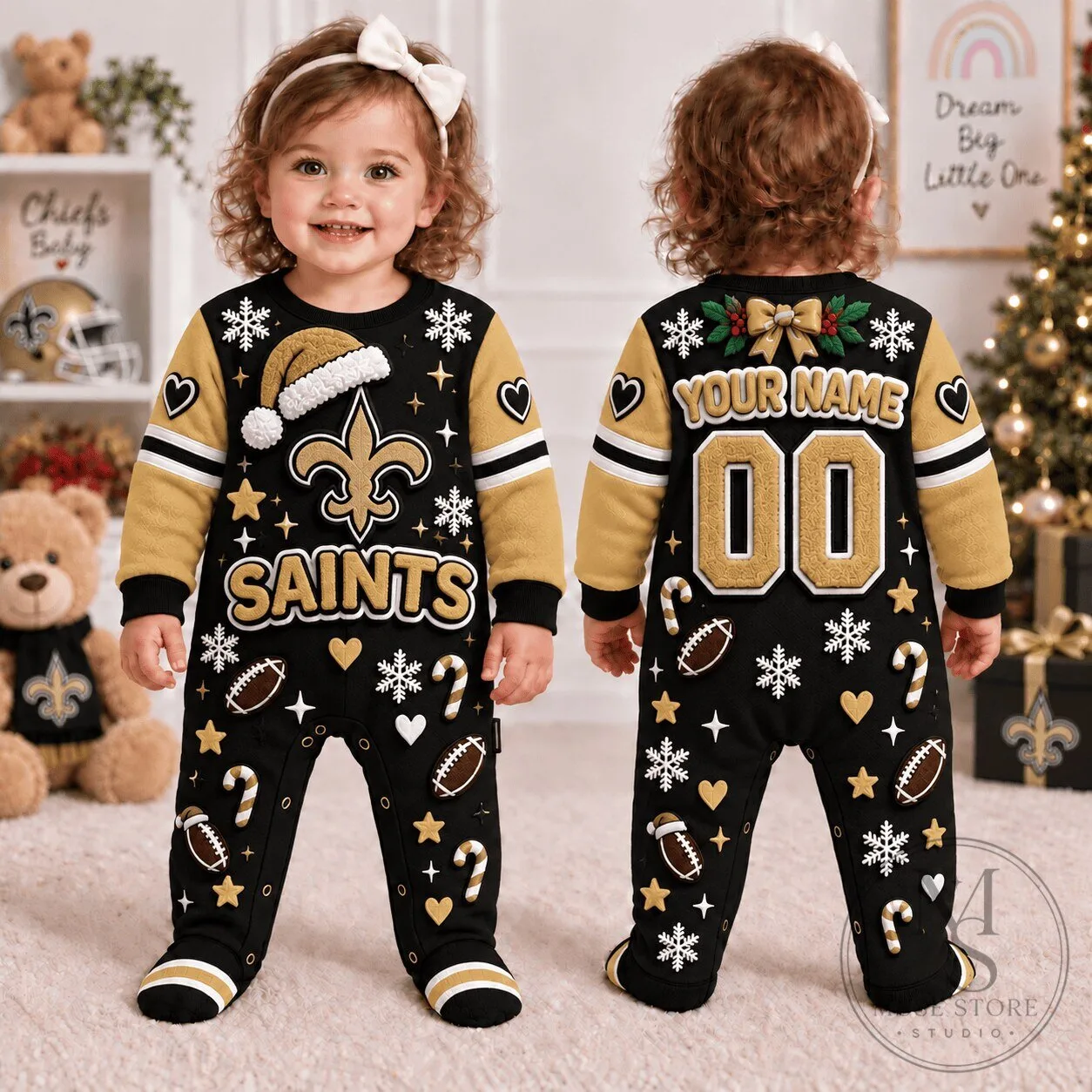 New Orleans Saints Christmas Baby Footed Romper with Custom Name and Number