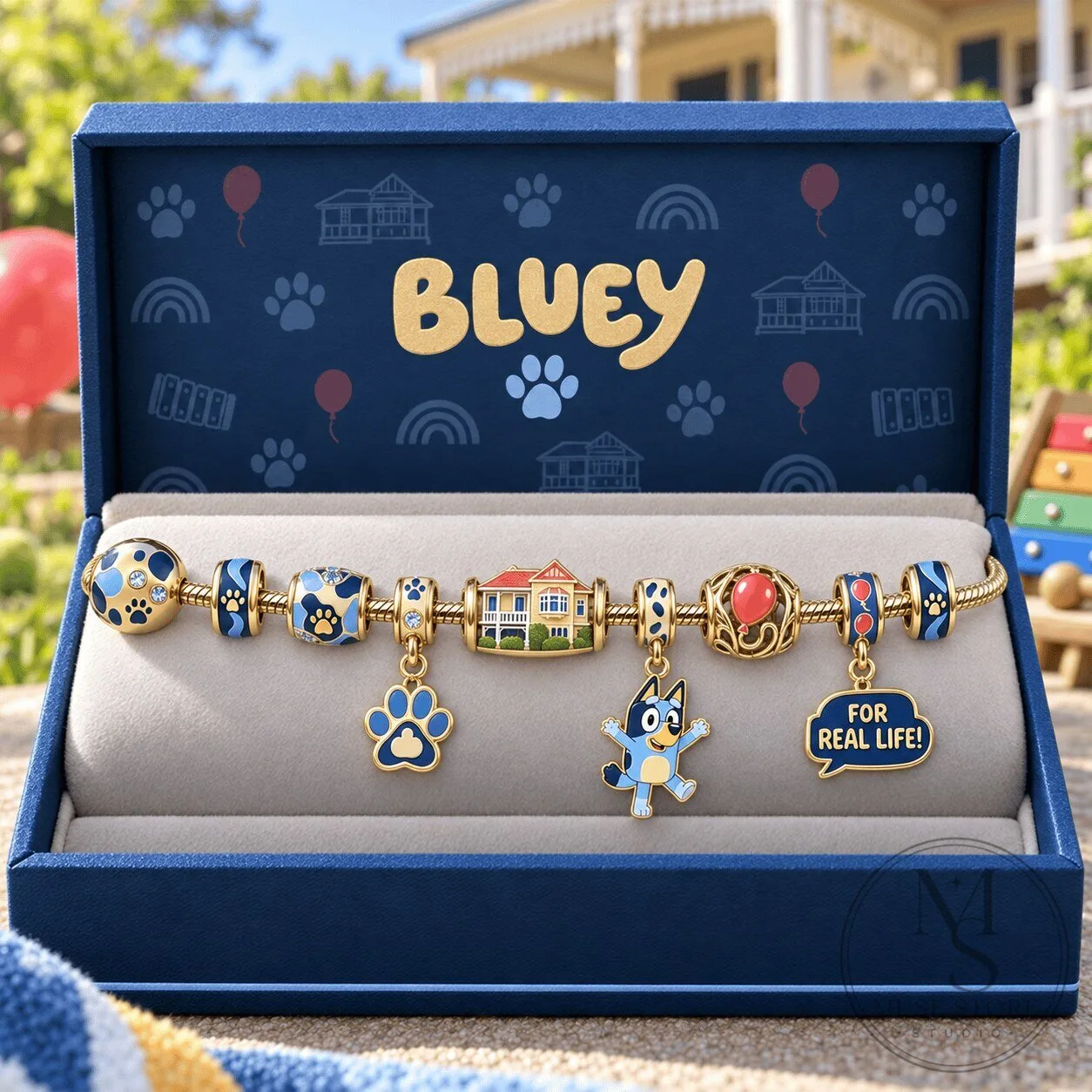 Bluey Cartoon Character Charm Bracelet with Gold Plated Beads