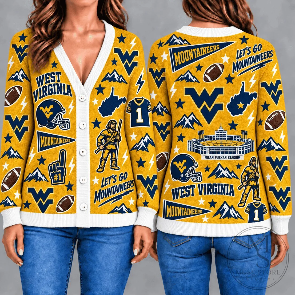 West Virginia Mountaineers Football Team Fan Knitted Cardigan Sweater