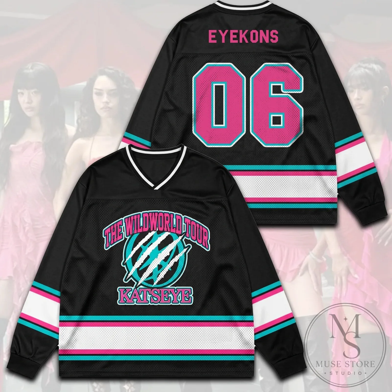 Wildworld Tour Hockey Jersey in Black and Pink by Katseye 1 Wildworld Tour Hockey Jersey in Black and Pink by Katseye