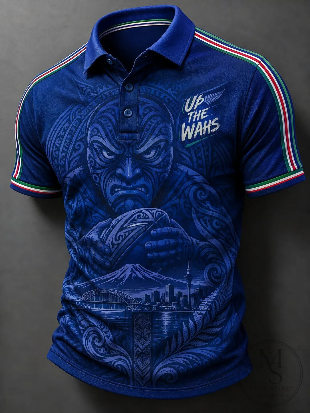 New Zealand Rugby Maori Warrior Up The Wahs Blue Polo Shirt