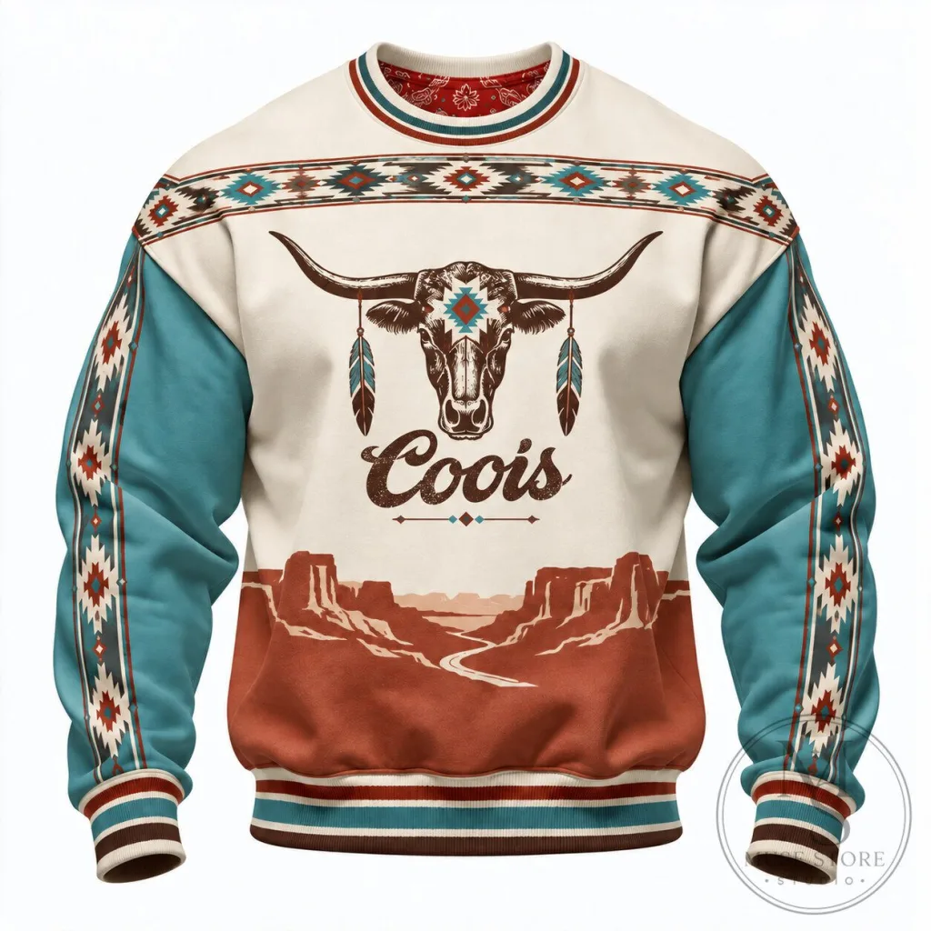 Western Cowboy Style Longhorn Bull Skull Print Crewneck Sweatshirt Western Cowboy Style Longhorn Bull Skull Print Crewneck Sweatshirt