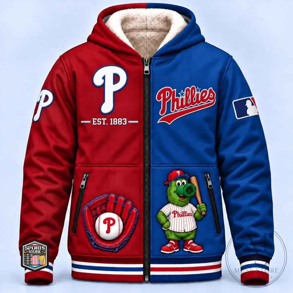 Philadelphia Phillies Split Red Blue Mascot Baseball Sherpa Lined Hoodie Philadelphia Phillies Split Red Blue Mascot Baseball Sherpa Lined Hoodie