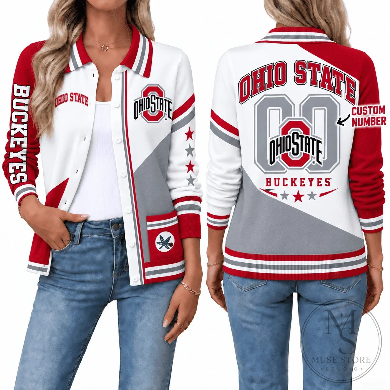Ohio State Buckeyes Women's Custom Number Red and White Full-Snap Jacket