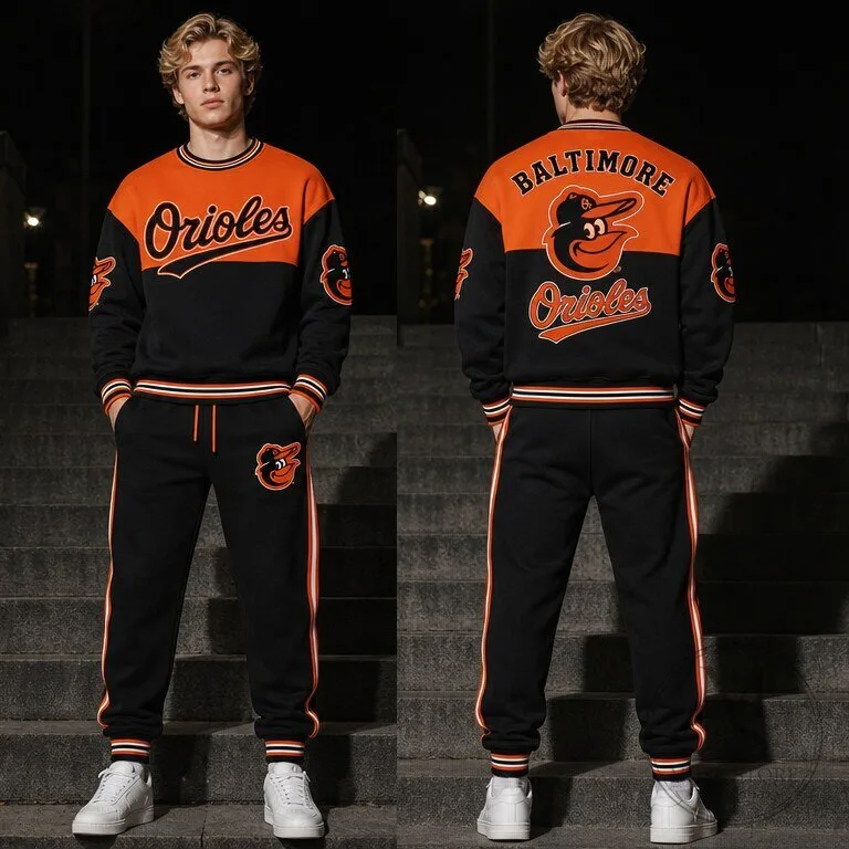 Baltimore Orioles Baseball Team Black and Orange Sweatshirt and Jogger Pants Set