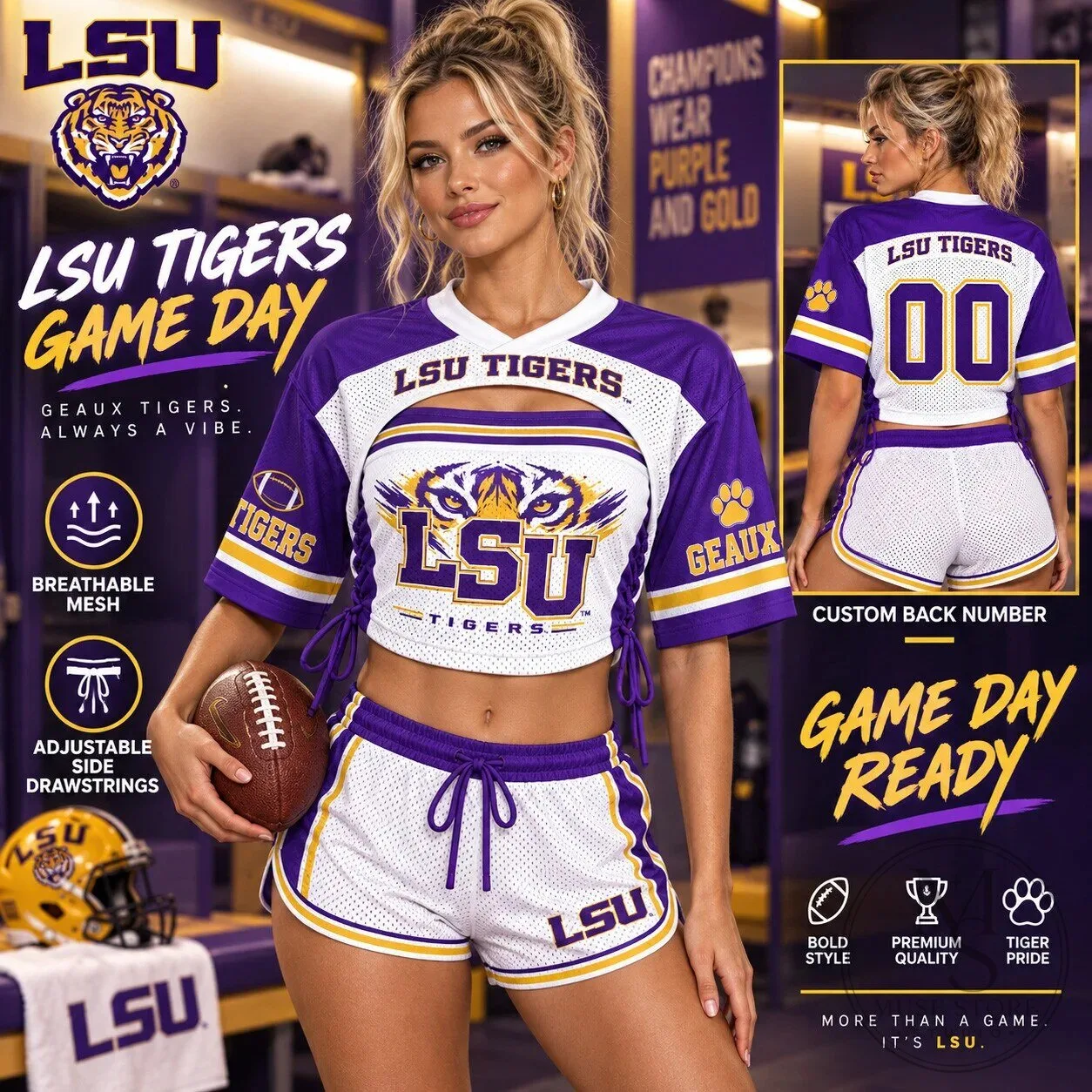 LSU Tigers Women's Purple and Gold Mesh Game Day Cropped Football Jersey