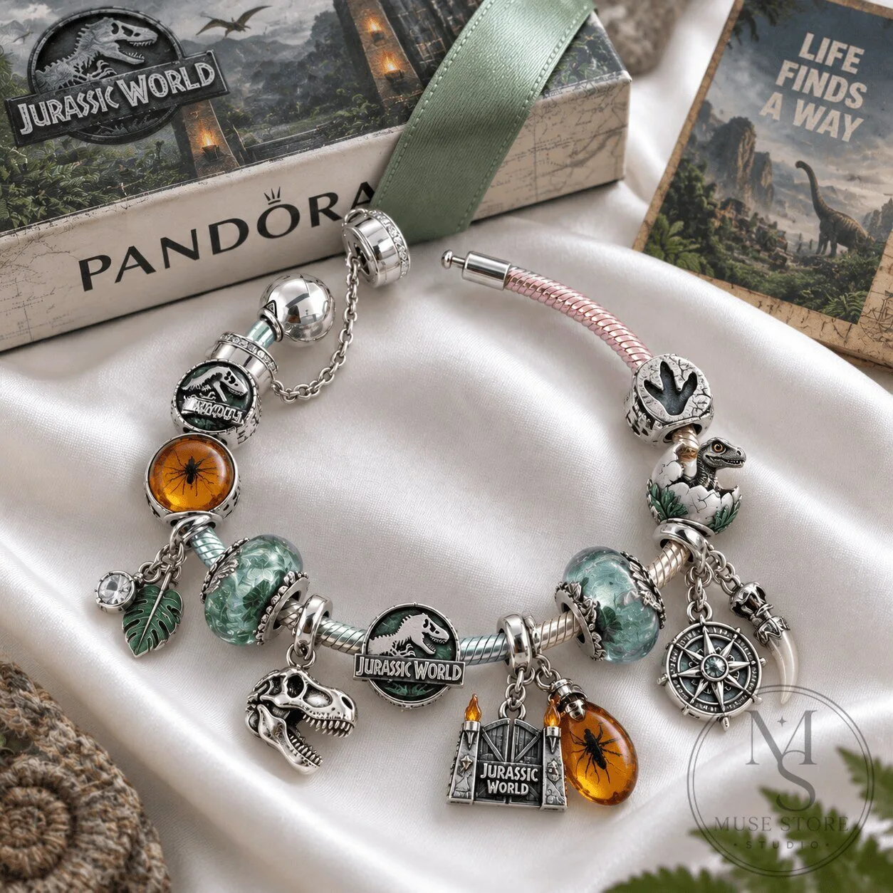 Jurassic World Dinosaur Charm Bracelet with Silver Chain and Amber Beads