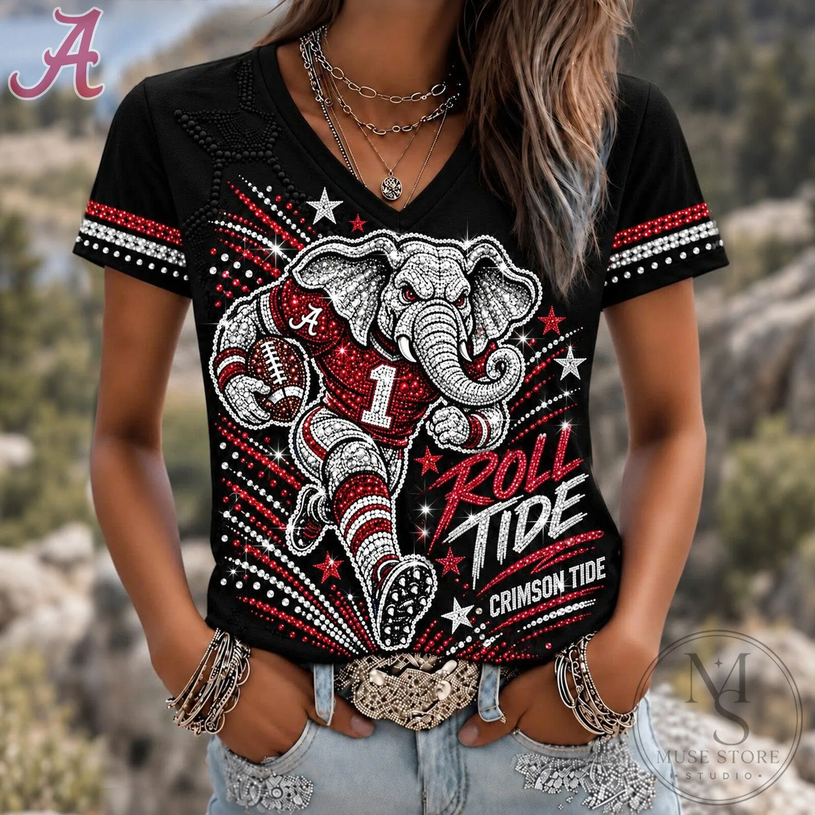 Alabama Crimson Tide Football Elephant Mascot Roll Tide Women's V-Neck T-Shirt