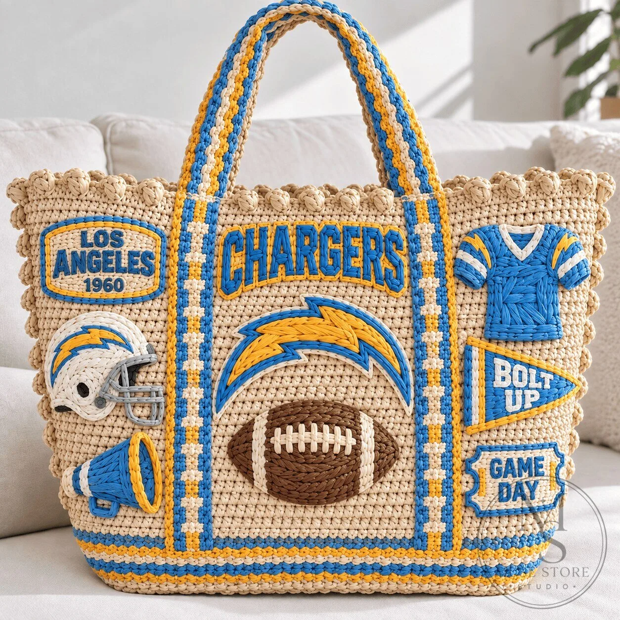 Los Angeles Chargers Embroidered Straw Tote Bag with Football Embellishments