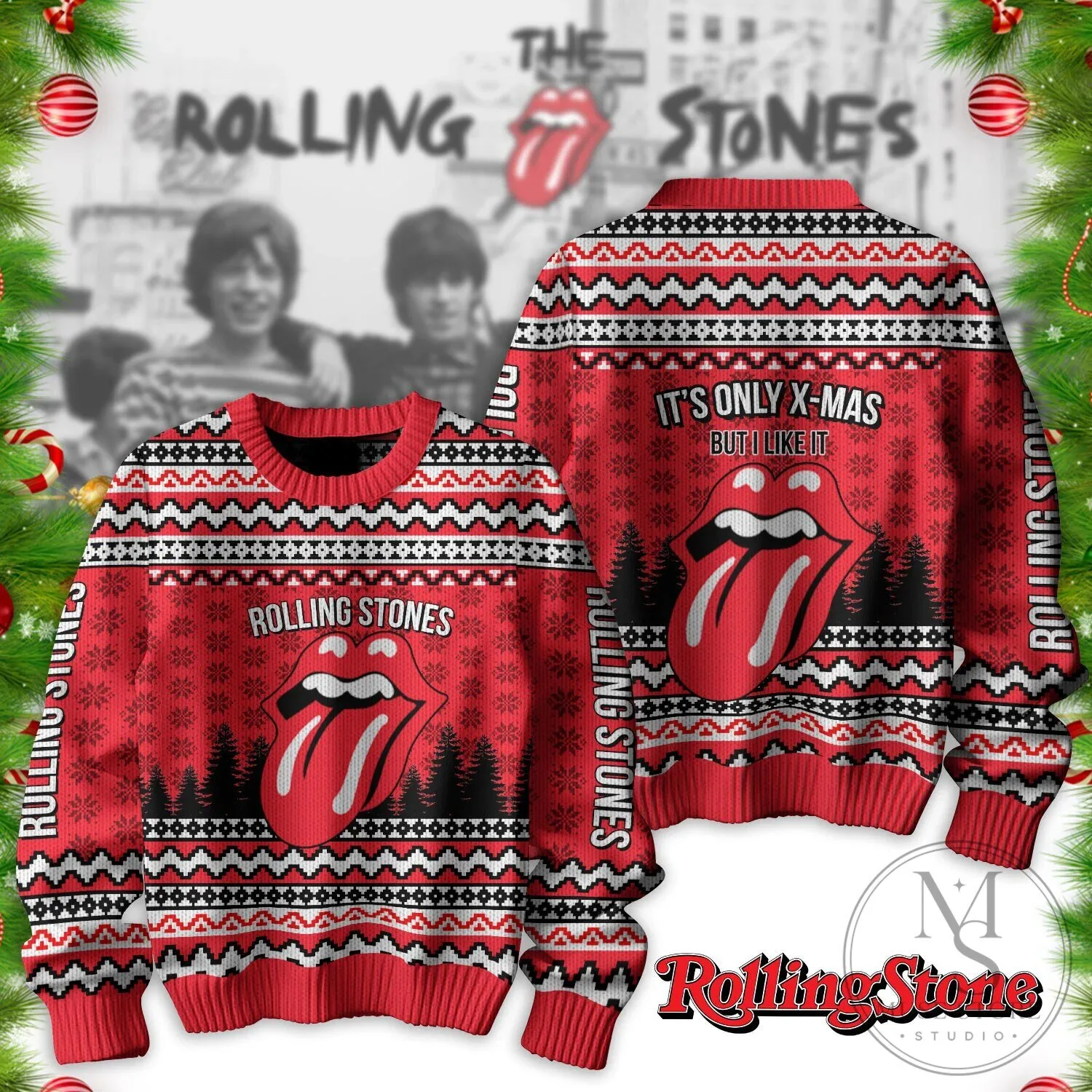 Rolling Stones It's Only Christmas But I Like It Ugly Christmas Sweater