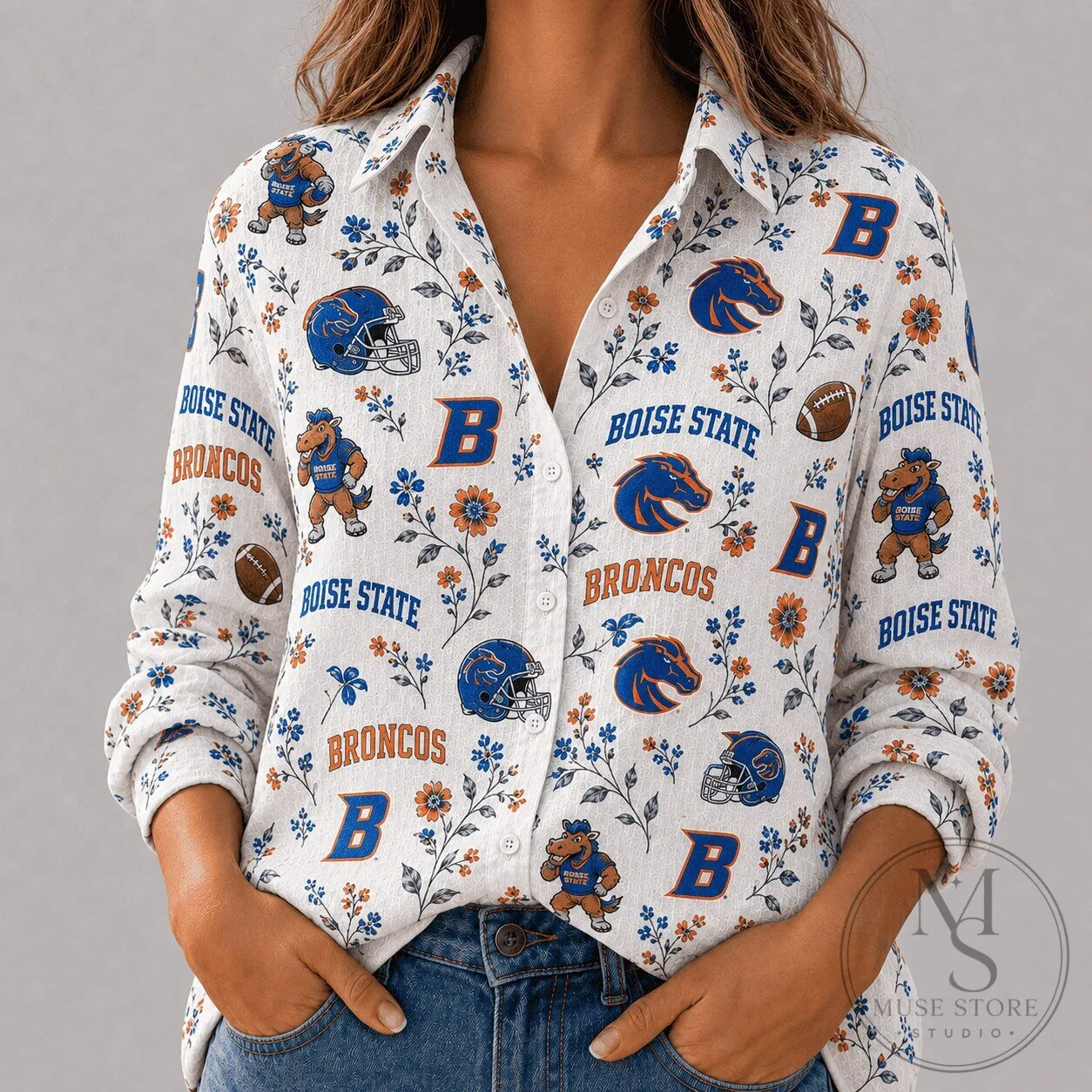 Boise State Broncos Floral Pattern Button-Up Long-Sleeve Shirt for Women