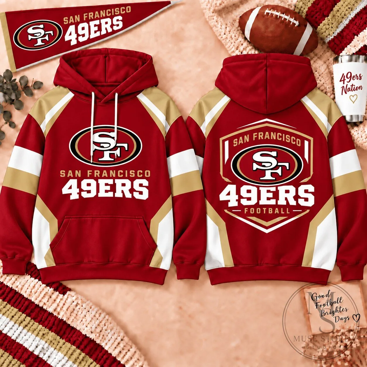 San Francisco 49ers Football Team Red Gold White Color Block Hoodie