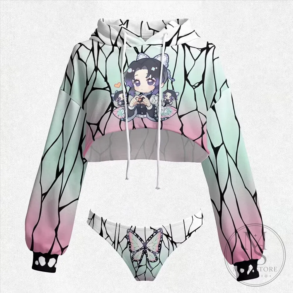 Demon Slayer Shinobu Kocho Anime Butterfly Pattern Cropped Hoodie