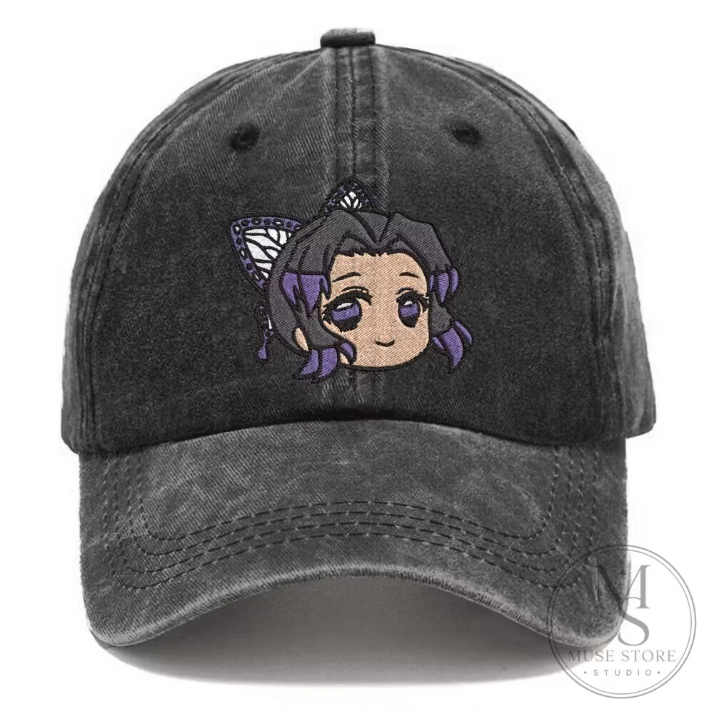 Demon Slayer Shinobu Kocho Embroidered Black Washed Cap Hat
