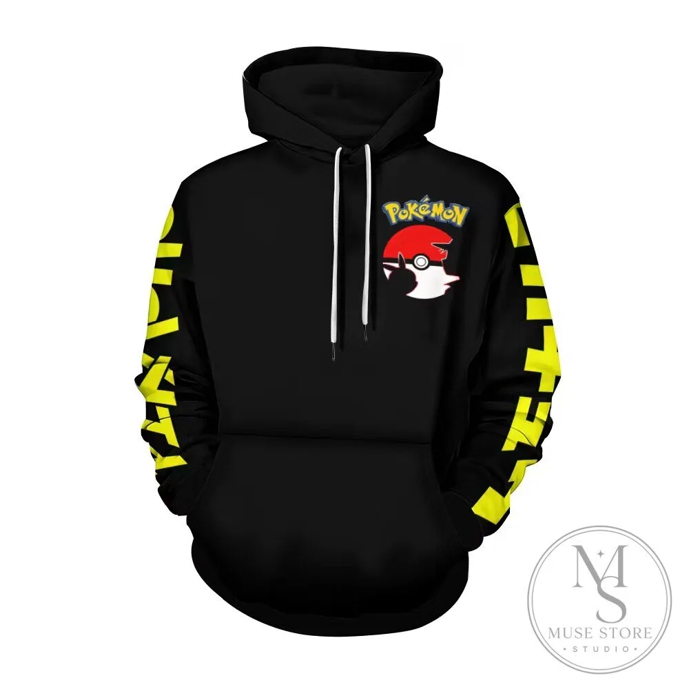 Pokemon Pokeball Logo Black and Yellow Striped Sleeve Hoodie