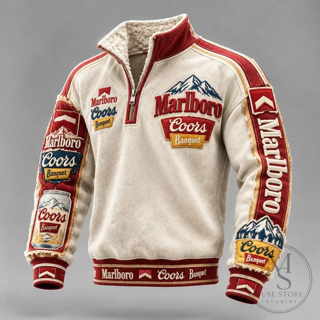Marlboro Coors Banquet Beer Vintage Style Quarter Zip Pullover Sweatshirt