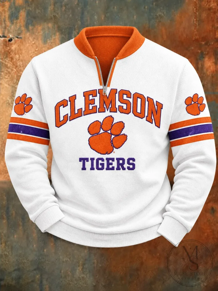 Clemson Tigers Quarter-Zip Pullover Sweatshirt With Paw Print Graphic 5 Clemson Tigers Quarter-Zip Pullover Sweatshirt With Paw Print Graphic