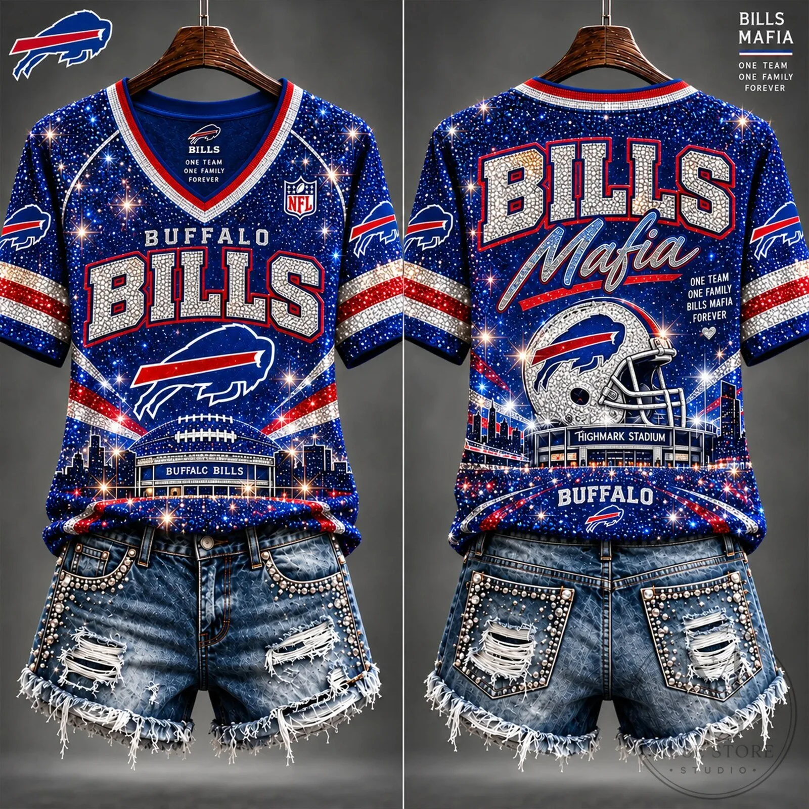 Buffalo Bills Mafia Football Team Sparkle Rhinestone V-Neck Short Sleeve T-Shirt