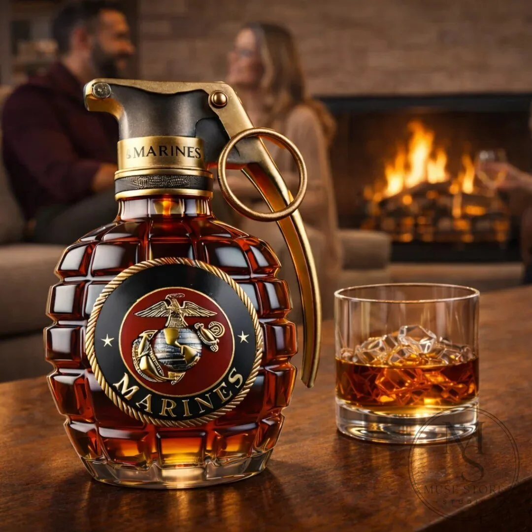 United States Marines Corps Grenade Shaped Whiskey Decanter with Glass