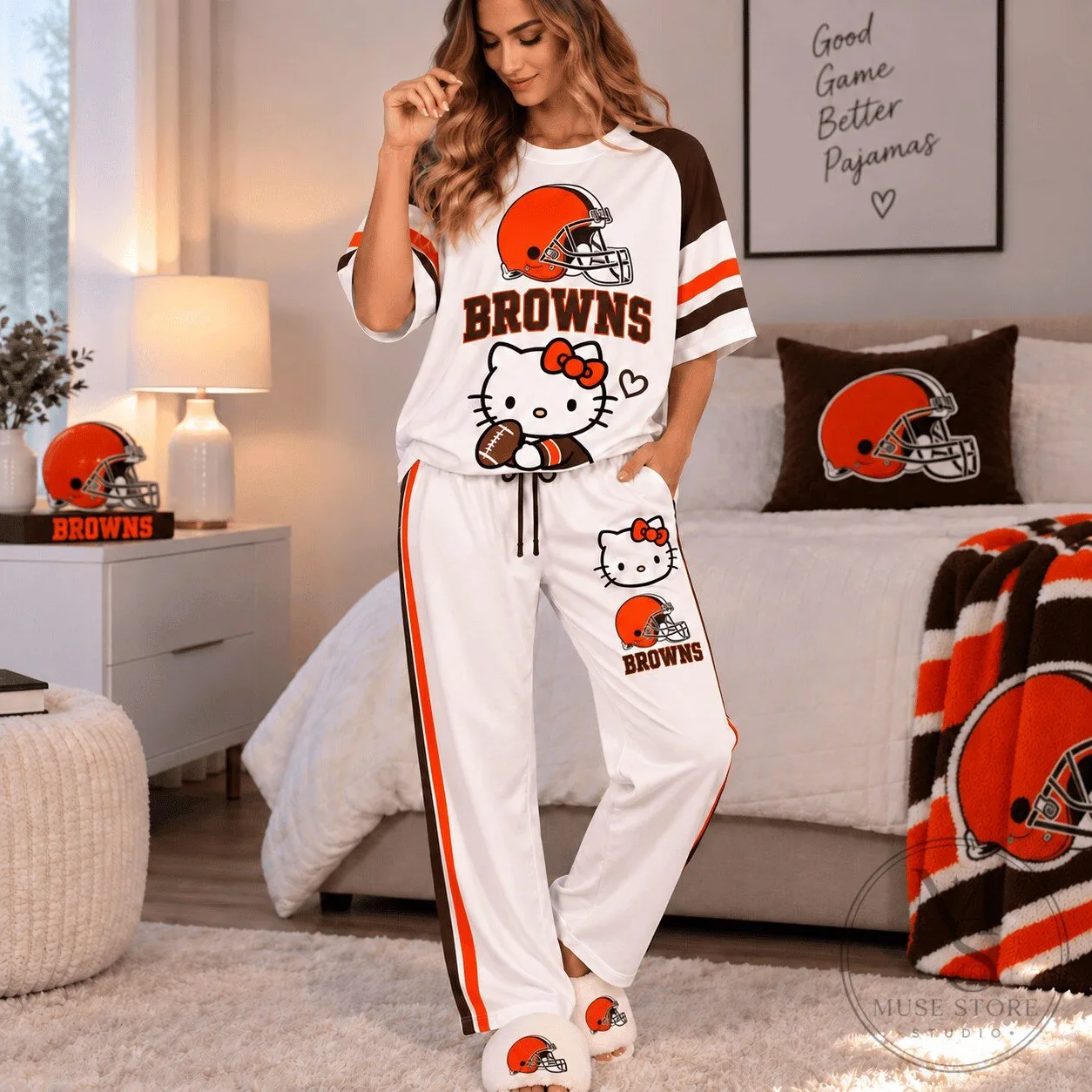 Cleveland Browns Hello Kitty Football Game Day Pajama Set for Women