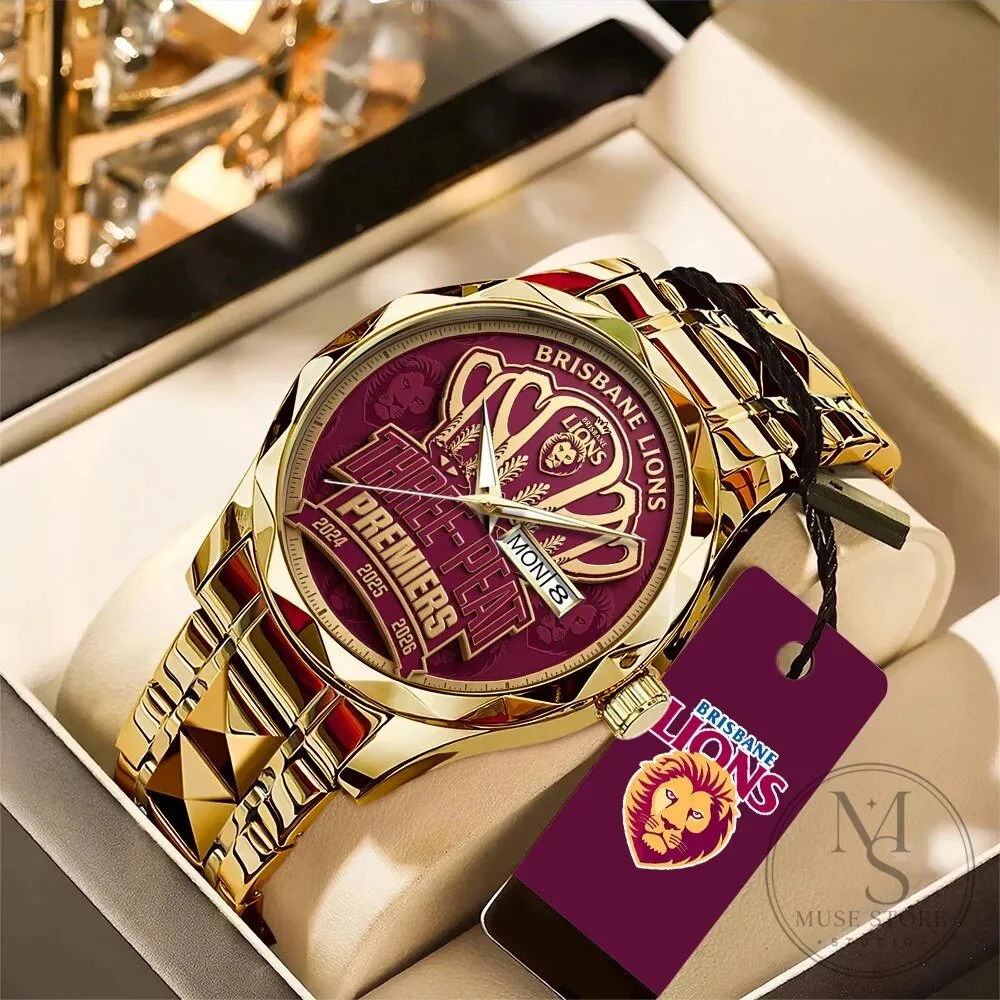 Brisbane Lions Three-Peat Premiers 2024 2025 2026 Gold Tone Quartz Watch