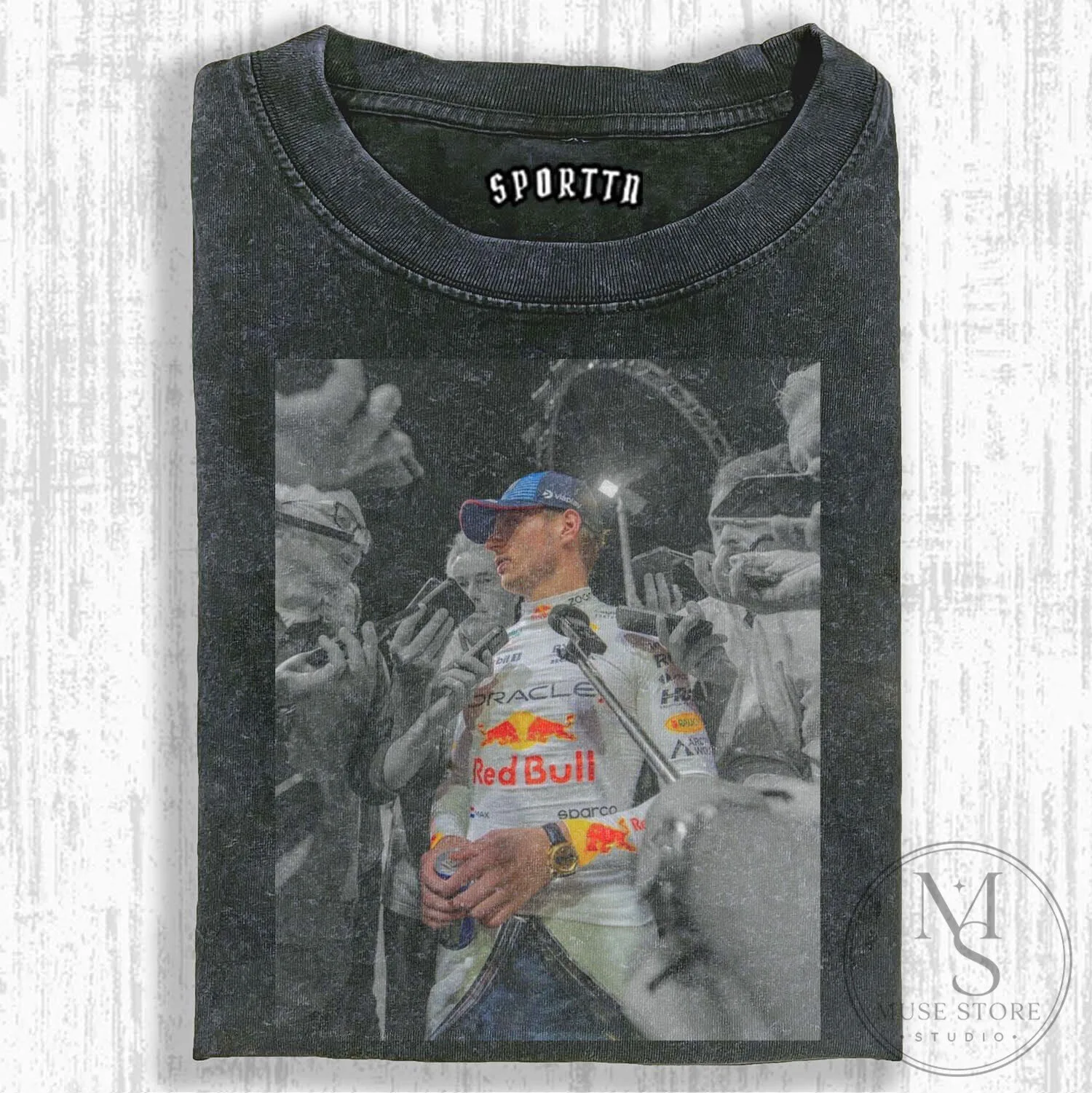 Graphic T-Shirt Featuring Max Verstappen as a Red Bull Racing Formula 1 Driver