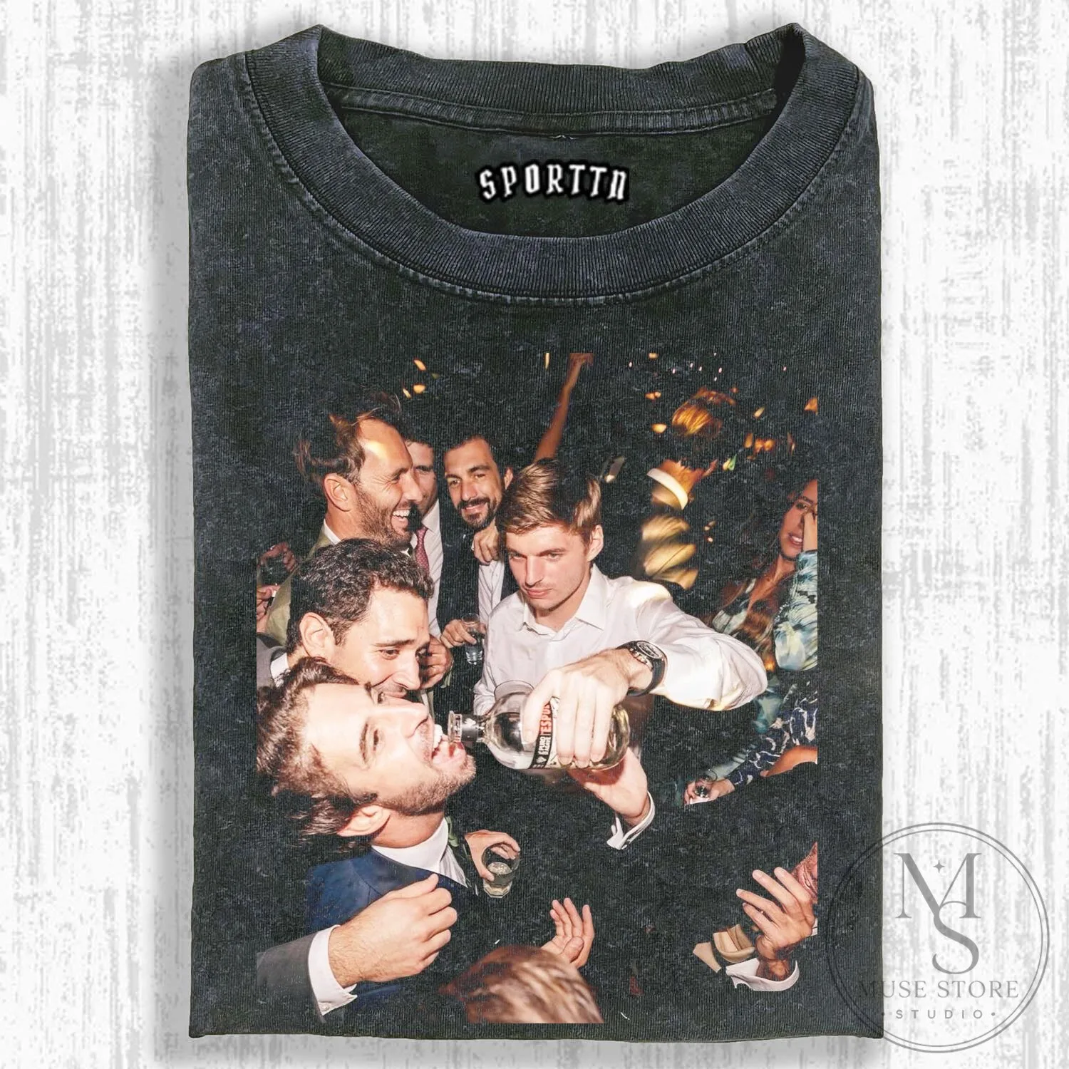 Max Verstappen Pouring Beer Party Black Washed T-Shirt