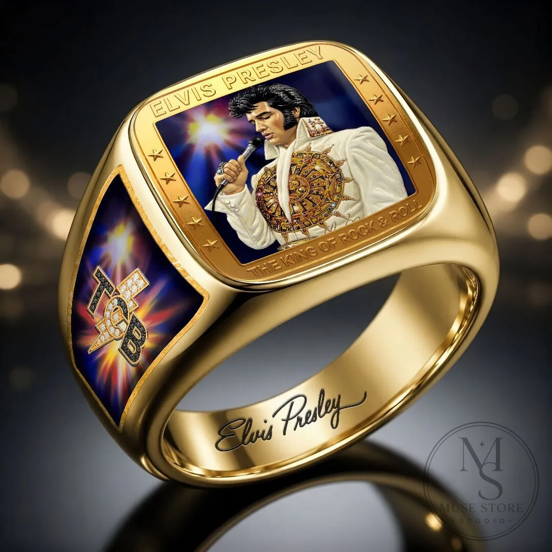 Elvis Presley The King of Rock and Roll Gold Tone Men's Ring 9 Elvis Presley The King of Rock and Roll Gold Tone Men