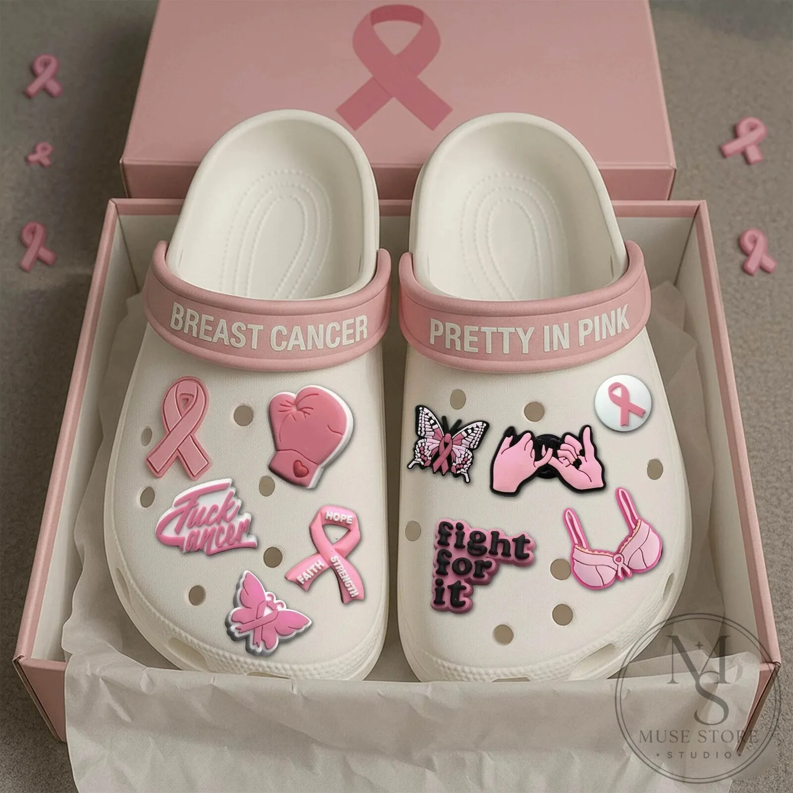Breast Cancer Awareness Pink Ribbon Clogs Shoes for Women