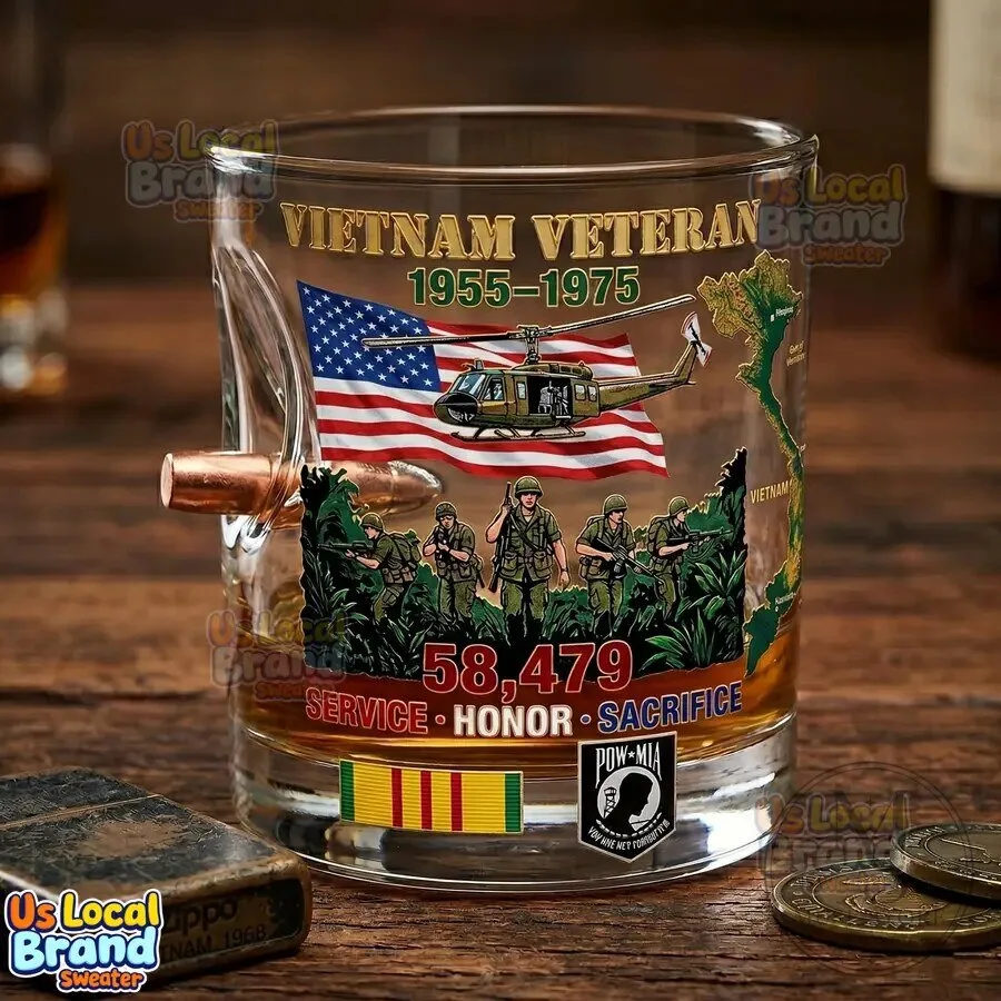 Vietnam Veteran Tribute Bullet Whiskey Glass with American Flag and Soldiers