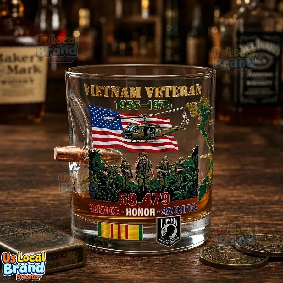 Vietnam Veteran Tribute Bullet Whiskey Glass with American Flag and Soldiers 14 Vietnam Veteran Tribute Bullet Whiskey Glass with American Flag and Soldiers
