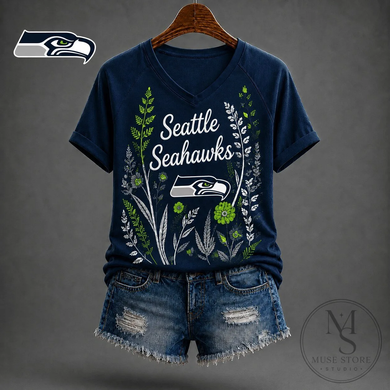 Seattle Seahawks Floral Garden V-Neck Short Sleeve T-Shirt 1 Seattle Seahawks Floral Garden V-Neck Short Sleeve T-Shirt