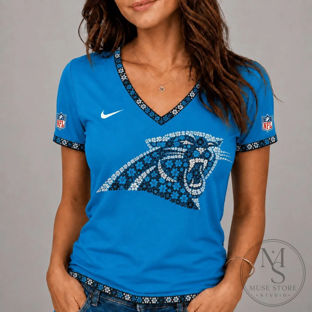 Carolina Panthers National Football League Flower Logo V-Neck Short Sleeve T-Shirt Carolina Panthers National Football League Flower Logo V-Neck Short Sleeve T-Shirt