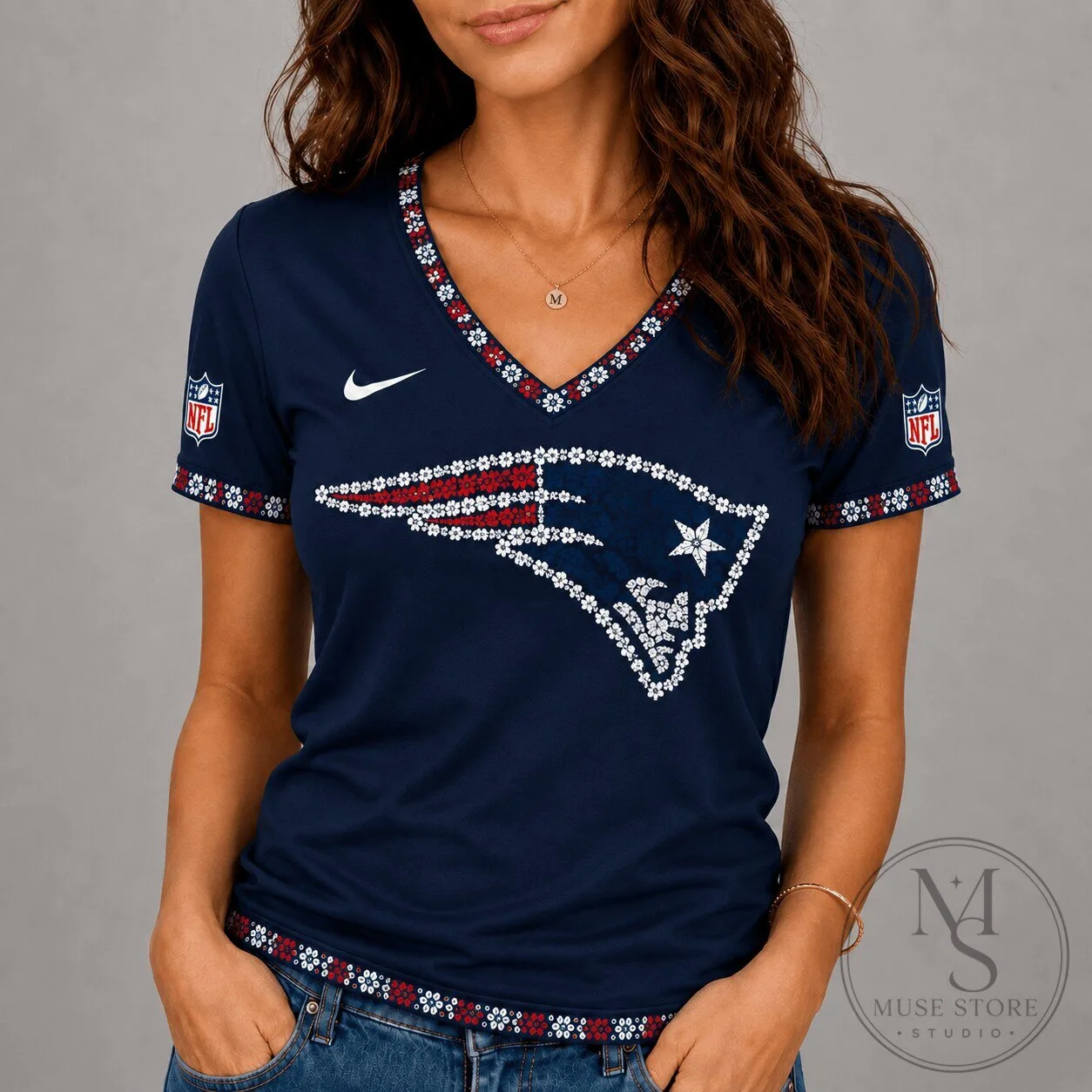 New England Patriots National Football League Floral Logo V-Neck T-Shirt