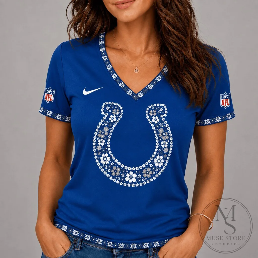 Indianapolis Colts Floral Logo National Football League V-Neck T-Shirt Indianapolis Colts Floral Logo National Football League V-Neck T-Shirt