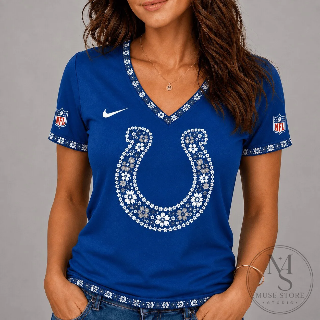 Indianapolis Colts Floral Logo National Football League V-Neck T-Shirt 1 Indianapolis Colts Floral Logo National Football League V-Neck T-Shirt