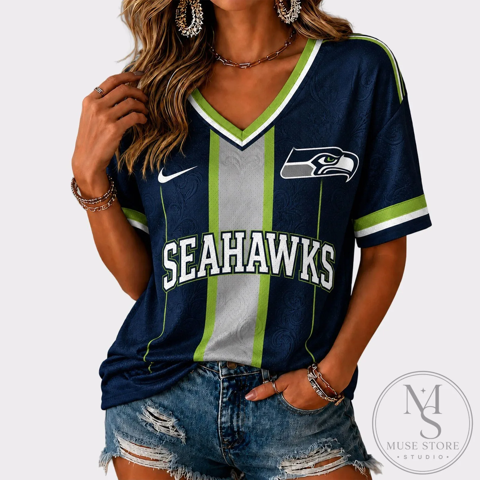 Seattle Seahawks NFL Football Team Fan V-Neck Short Sleeve Game Day Jersey