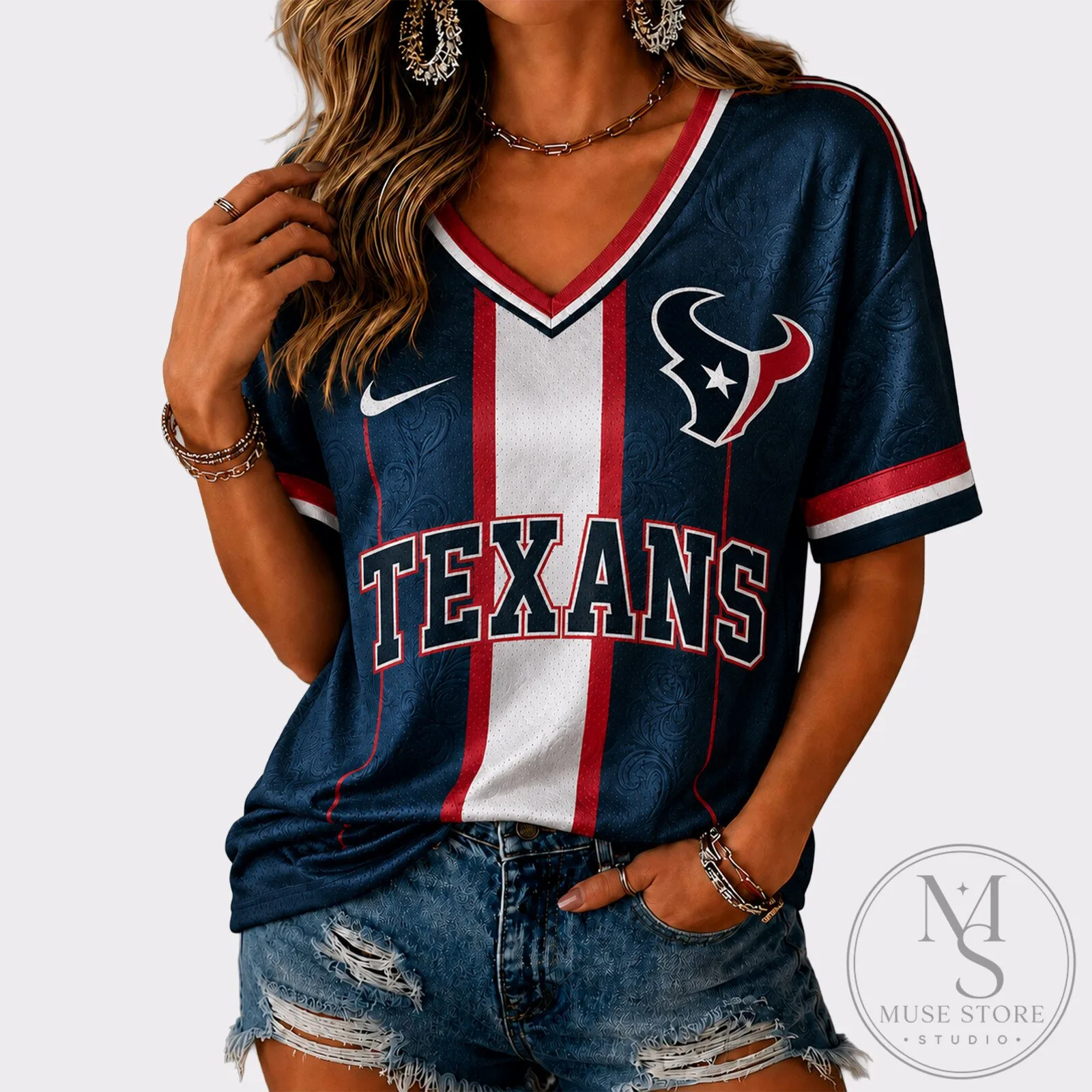Houston Texans Women's Navy Blue V-Neck Football Team Fan Jersey 5 Houston Texans Women