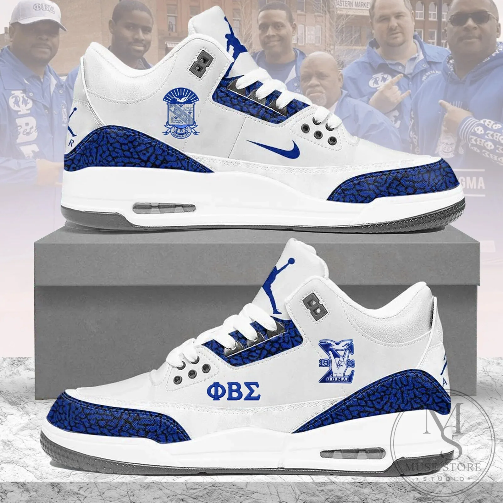 Phi Beta Sigma Fraternity White and Blue Elephant Print Sneakers