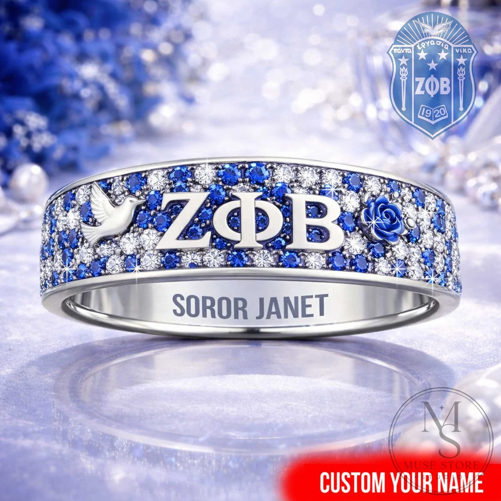 Zeta Phi Beta Sorority Dove and Rose Personalized Ring